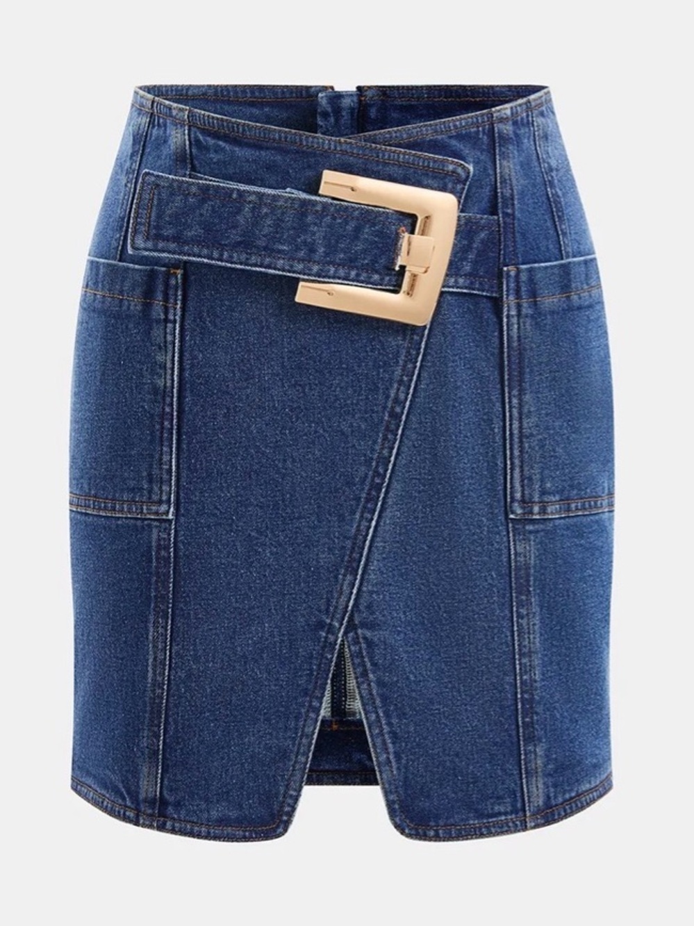 Commense Gold Buckle Detail Asymmetrical Denim Mini Skirt XS Western